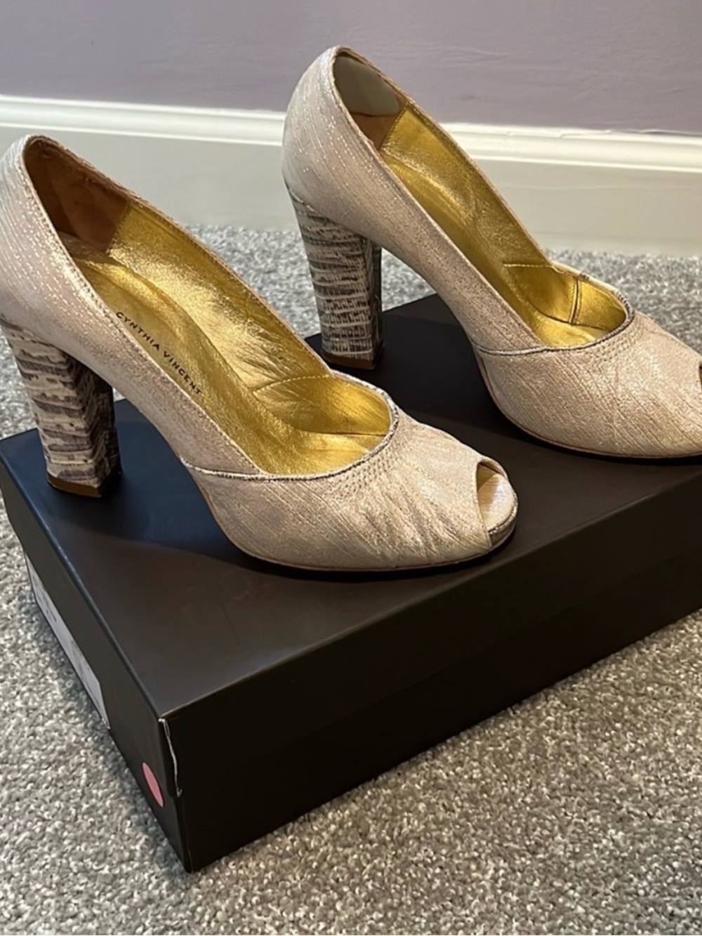 Cynthia Vincent Open-Toe Block Heel Pumps with Metallic Lining